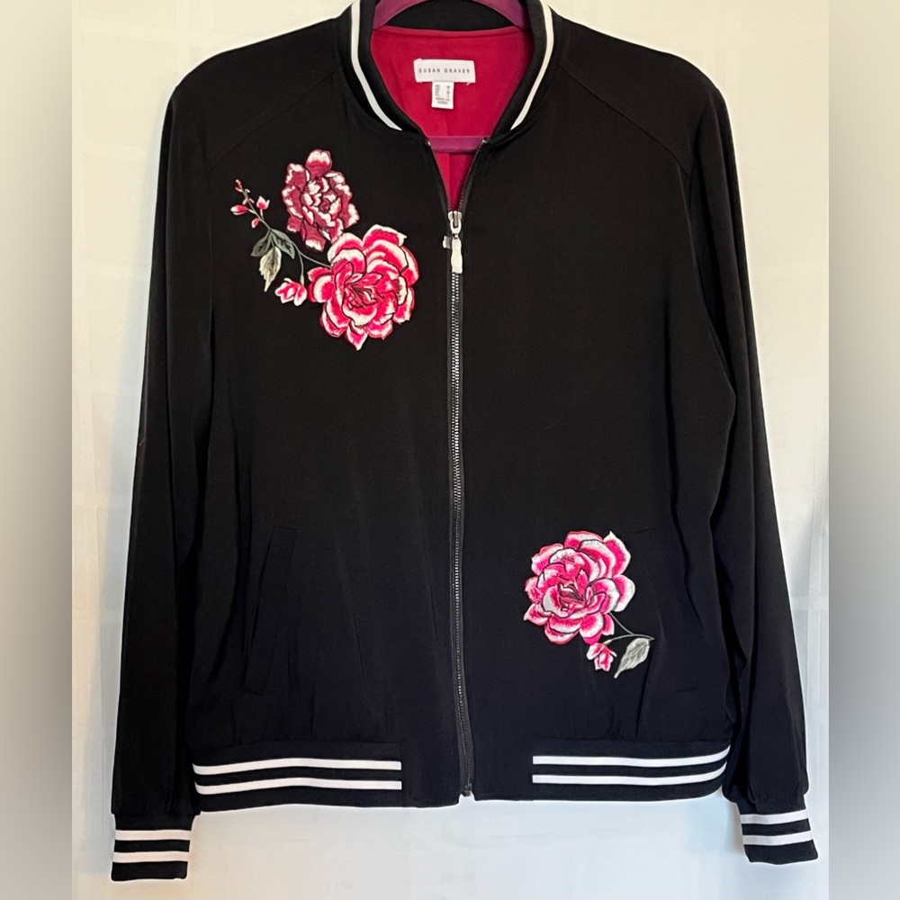 Susan Graver Women’s Bomber Style Jacket Size M Embroidered Flowers ￼